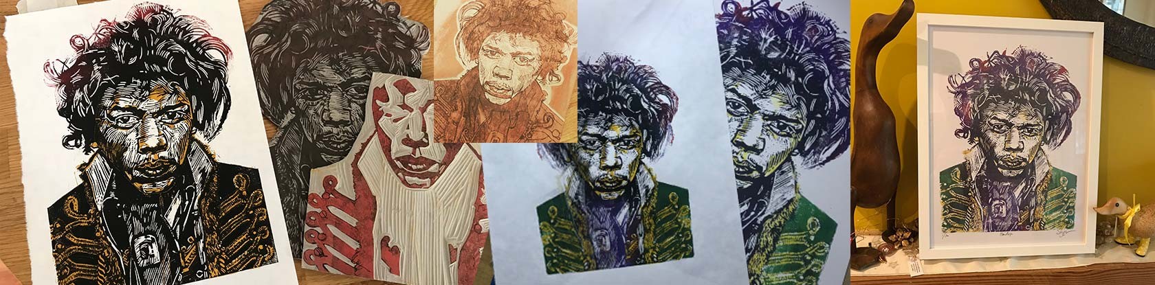 Images of the lino used to create the final Hendrix print